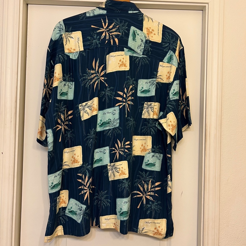 Pineapple Moon Men's Aloha Shirt L 100% Silk Teal Postcard Palm Print NWT - Picture 5 of 8